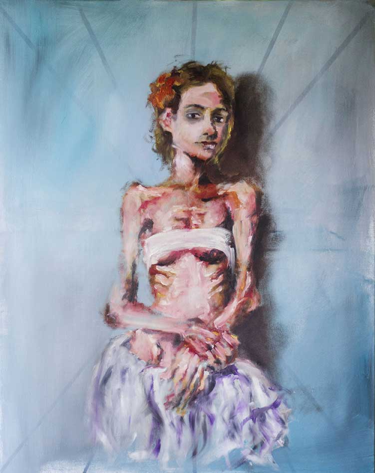 Huile sur toile d'une femme anorexique sur faisceaux